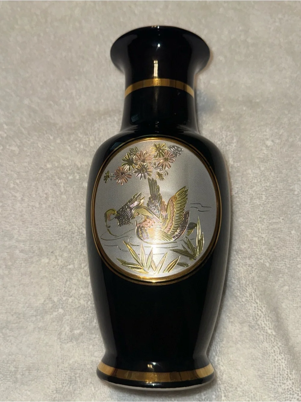 Black Ceramic Vase with Gold Trim and Duck Motif